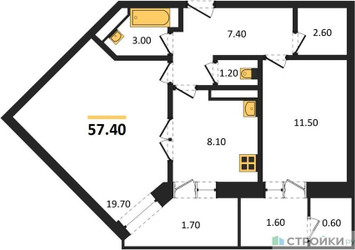 Планировка двухкомнатной(квартира) площадью 58.6 квадратных метров в “ЖК Три квартала”