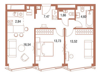 Планировка двухкомнатной(квартира) площадью 60.8 квадратных метров в ЖК “ЖК Симфония 34”