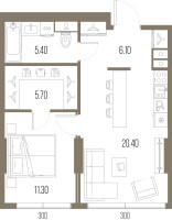Планировка однокомнатной(квартира) площадью 48.9 квадратных метров в “ЖК Северный порт. Береговые кварталы”