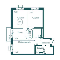 Планировка трехкомнатной(квартира) площадью 72.7 квадратных метров в “ЖК Андреевка Life (Андреевка Лайф)”