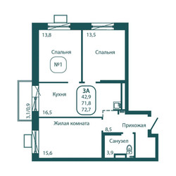 Планировка трехкомнатной(квартира) площадью 72.7 квадратных метров в ЖК “ЖК Андреевка Life (Андреевка Лайф)”