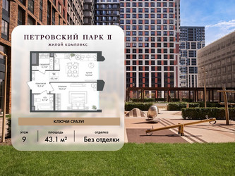 Планировка однокомнатной(квартира) площадью 43.1 квадратных метров в ЖК “ЖК Петровский парк II”