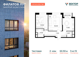 Планировка двухкомнатной(квартира) площадью 60.9 квадратных метров в “ЖК Филатов луг”