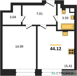 Планировка однокомнатной(квартира) площадью 44.12 квадратных метров в ЖК “ЖК Sezar City (Сезар Сити)”