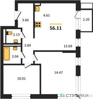 Планировка двухкомнатной(квартира) площадью 56.11 квадратных метров в “ЖК Прибрежный Парк”