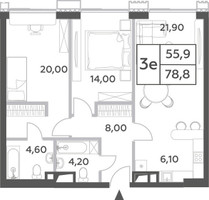 Планировка трехкомнатной(квартира) площадью 78.8 квадратных метров в “ЖК Will Towers (Вилл Тауэрс)”