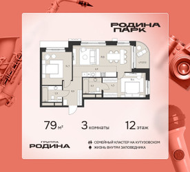 Планировка трехкомнатной(квартира) площадью 79 квадратных метров в ЖК “ЖК Родина Парк”