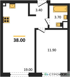 Планировка однокомнатной(квартира) площадью 38 квадратных метров в ЖК “ЖК Новый Зеленоград”