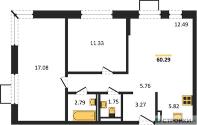 Планировка двухкомнатной(квартира) площадью 60.29 квадратных метров в ЖК “ЖК Егорово Парк”