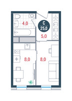 Планировка студии(квартира) площадью 25 квадратных метров в “ЖК РУСИЧ-Кантемировский”
