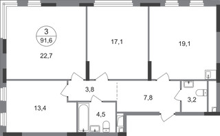Планировка трехкомнатной(квартира) площадью 91.6 квадратных метров в “ЖК Переделкино Ближнее”
