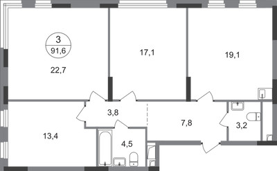 Планировка трехкомнатной(квартира) площадью 91.6 квадратных метров в ЖК “ЖК Переделкино Ближнее”
