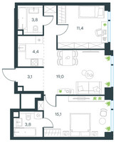 Планировка трехкомнатной(квартира) площадью 61.4 квадратных метров в “ЖК Левел Мичуринский”