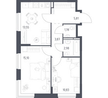 Планировка двухкомнатной(квартира) площадью 53.92 квадратных метров в “ЖК Богдановский Лес”
