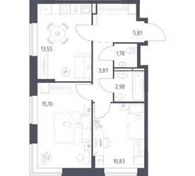 Планировка двухкомнатной(квартира) площадью 53.92 квадратных метров в ЖК “ЖК Богдановский Лес”