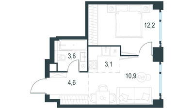 Планировка двухкомнатной(квартира) площадью 34.6 квадратных метров в ЖК “ЖК Левел Мичуринский”