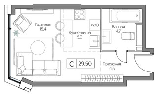 Планировка студии(квартира) площадью 29 квадратных метров в “ЖК Dream Riva (Дрим Рива)”
