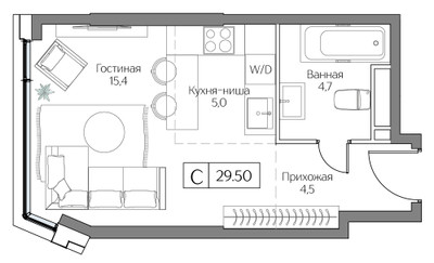 Планировка студии(квартира) площадью 29 квадратных метров в ЖК “ЖК Dream Riva (Дрим Рива)”
