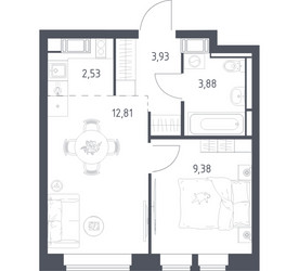 Планировка однокомнатной(квартира) площадью 32.53 квадратных метров в ЖК “ЖК Большое Путилково”