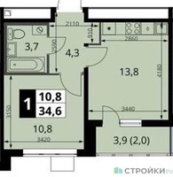 Планировка однокомнатной(квартира) площадью 34.4 квадратных метров в “ЖК 1-й Южный (Первый Южный)”