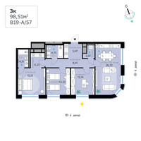 Планировка трехкомнатной(квартира) площадью 98.51 квадратных метров в “СберСити в Рублево-Архангельском”