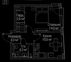Планировка однокомнатной(квартира) площадью 35.7 квадратных метров в “ЖК СЕЗАР БУДУЩЕЕ”