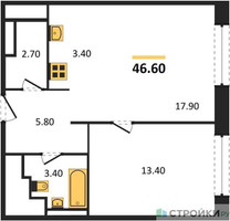 Планировка однокомнатной(апартаменты) площадью 46.6 квадратных метров в “ЖК Верейская 41”
