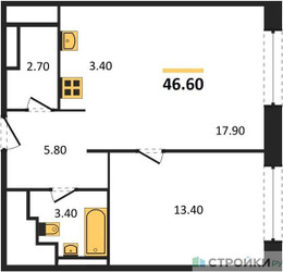 Планировка однокомнатной(апартаменты) площадью 46.6 квадратных метров в ЖК “ЖК Верейская 41”