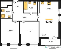 Планировка двухкомнатной(квартира) площадью 62.6 квадратных метров в “ЖК Бунинские кварталы”