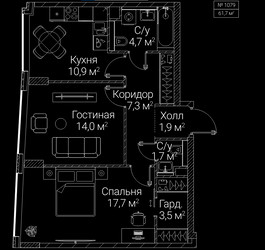 Планировка двухкомнатной(квартира) площадью 61.7 квадратных метров в ЖК “ЖК СЕЗАР БУДУЩЕЕ”