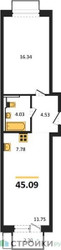 Планировка однокомнатной(квартира) площадью 45.09 квадратных метров в ЖК “ЖК Квартал Западный”