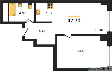 Планировка однокомнатной(квартира) площадью 47.7 квадратных метров в ЖК “ЖК Very (Вери)”
