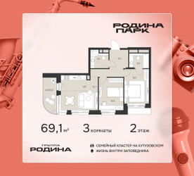 Планировка трехкомнатной(квартира) площадью 69.1 квадратных метров в ЖК “ЖК Родина Парк”