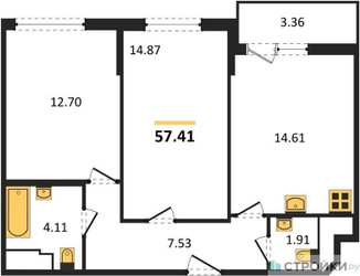 Планировка двухкомнатной(квартира) площадью 57.41 квадратных метров в ЖК “ЖК Светлый мир БиоПолис”