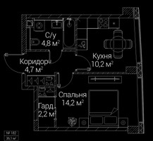 Планировка однокомнатной(квартира) площадью 36.1 квадратных метров в “ЖК СЕЗАР БУДУЩЕЕ”