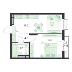 Планировка однокомнатной(квартира) площадью 41.9 квадратных метров в ЖК “ЖК G3 Михалевич”