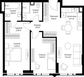 Планировка двухкомнатной(квартира) площадью 74.04 квадратных метров в ЖК “ЖК Джойс”