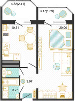 Планировка однокомнатной(квартира) площадью 42.2 квадратных метров в “ЖК Оптима”