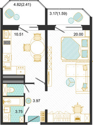 Планировка однокомнатной(квартира) площадью 42.2 квадратных метров в ЖК “ЖК Оптима”