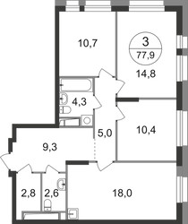 Планировка трехкомнатной(квартира) площадью 77.9 квадратных метров в ЖК “ЖК Первый Московский”