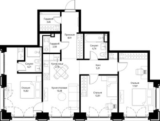 Планировка трехкомнатной(квартира) площадью 94.47 квадратных метров в ЖК “ЖК Сити Бэй”