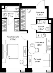 Планировка однокомнатной(квартира) площадью 42.64 квадратных метров в ЖК “ЖК Веер”