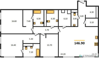 Планировка трехкомнатной(квартира) площадью 149 квадратных метров в “Роскошный квартал Life Time”