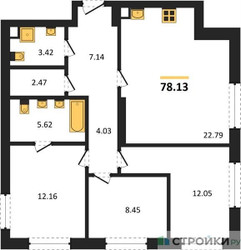 Планировка трехкомнатной(квартира) площадью 78.13 квадратных метров в ЖК “ЖК Sezar City (Сезар Сити)”