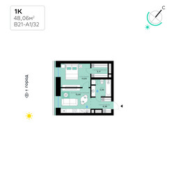 Планировка однокомнатной(квартира) площадью 48.06 квадратных метров в ЖК “СберСити в Рублево-Архангельском”