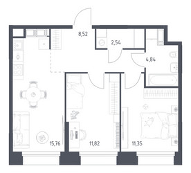 Планировка двухкомнатной(апартаменты) площадью 54.83 квадратных метров в ЖК “ЖК Апарт-отель Тропарево парк”