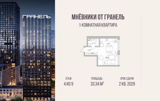 Планировка однокомнатной(квартира) площадью 33.34 квадратных метров в “ЖК Мневники от Гранель”