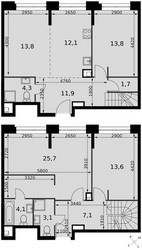 Планировка 4+ комнатной(квартира) площадью 111.2 квадратных метров в ЖК “ЖК Сидней Сити”