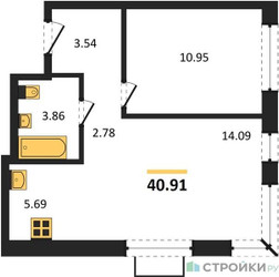 Планировка однокомнатной(квартира) площадью 40.91 квадратных метров в ЖК “ЖК Новое Видное”