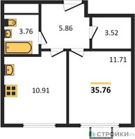 Планировка однокомнатной(квартира) площадью 36 квадратных метров в “ЖК Одинград. Квартал Семейный”